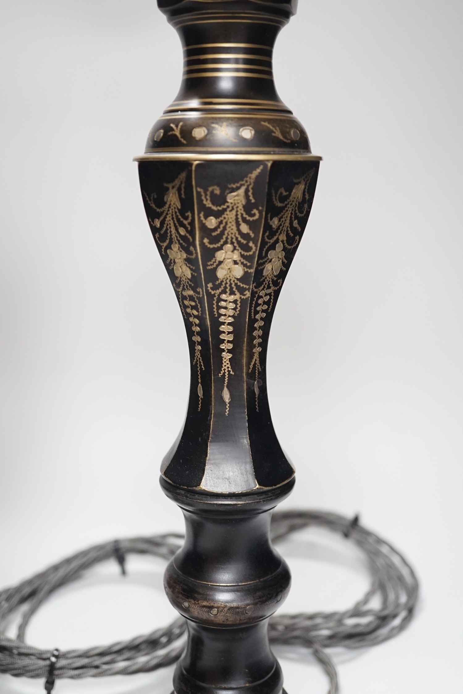 A near pair of Indian Bidri ware table lamps, 60cm total height